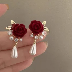 New Wine Red Velvet Rose Pearl Earrings for Women Vintage Red Rose Elegant High-end Studs Earrings Jewelry Accessories