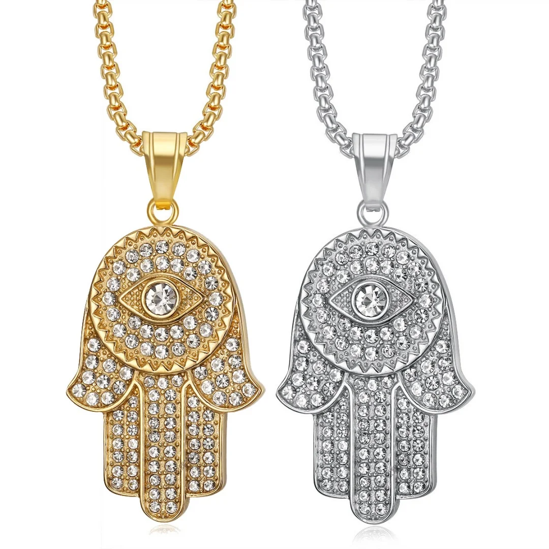 

Hip Hop Iced Out Bling Hamsa Hand of Fatima Pendant Stainless Steel CZ Palm Evil Eye Amulet Necklace for Women Men Jewelry Gift