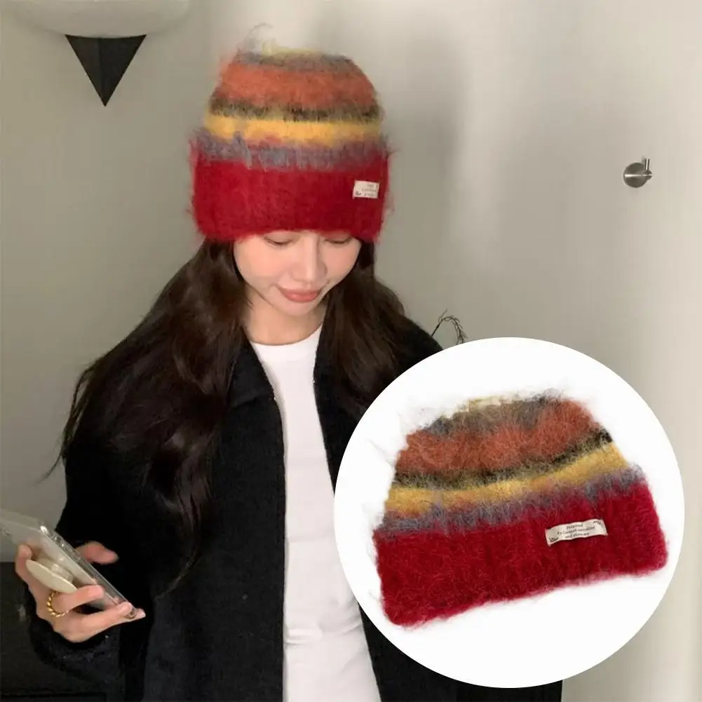 

Модная вязаная зимняя шапка Skullis ﻿ Цветная шапка-бини Y2K в полоску дофамина для женщин и мужчин, теплый пуловер с корейским градиентом