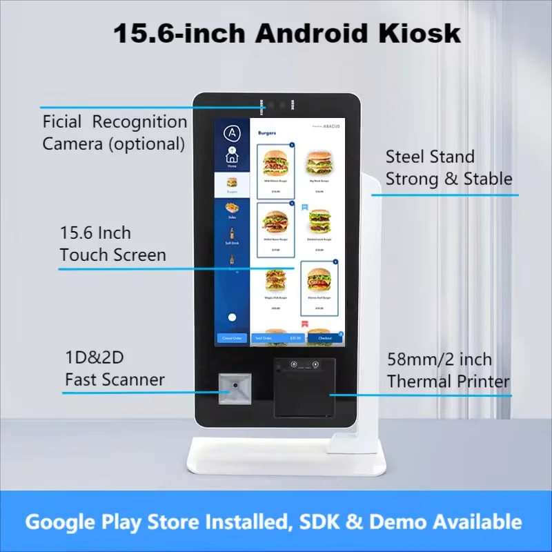 15.6 Inch Touch Screen Kiosk Desktop Self Ordering Machine with 2D Scanner & Printer Unattended Facial Payment Terminal