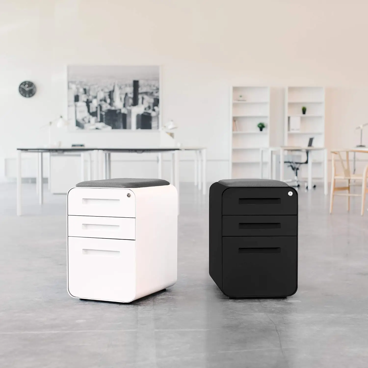 STOCKPILE Curve Seated 3-Drawer Mobile File Cabinet with Removable Magnetic Cushion Seat - Metal Filing Cabinet, Pre-Assembled,