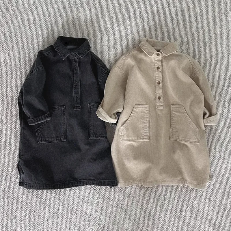 

Korean Autumn Winter Girl Skirt Fashion Baby Causal Flip Collar Long Sleeves Cowboy Corduroy Dress 2024 Solid Simple