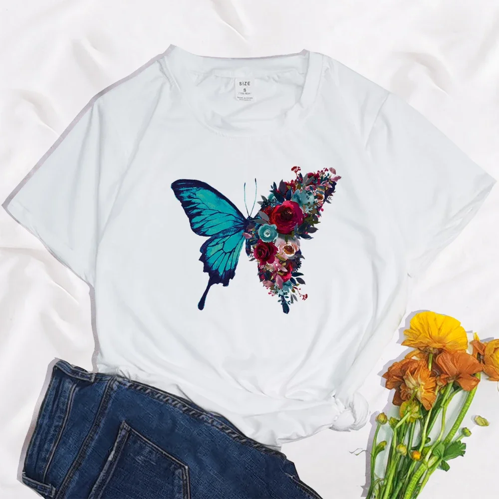 Pretty Butterfly Print Women T-shirt Harajuku Top Casual Ladies Basic O-collar Short Sleeved White Women Casual Clothes Tees