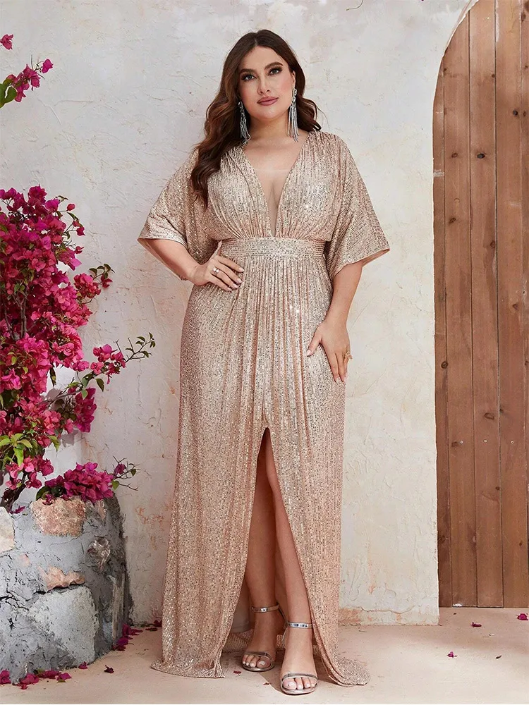 Plus Size 4XL 5XL V-Neck Apricot Loose Banquet Wedding Evening Dress Big Size Sequin Slit Floor-Length Luxury Women Dress