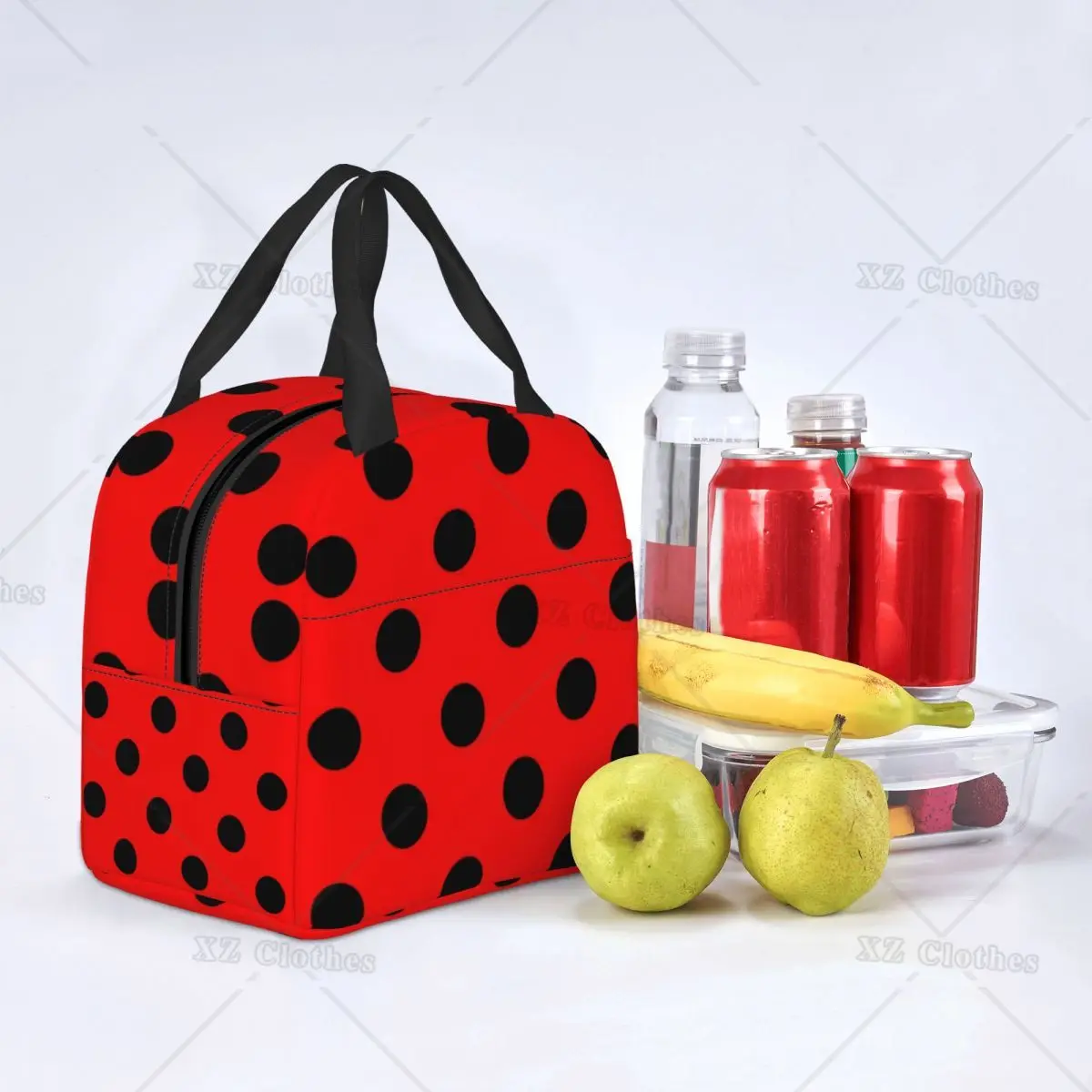 Red And Black Polka Dots Thermal Insulated Lunch Bag Ladybugs Pattern Portable Lunch Tote for Kids School Multifunction Food Box