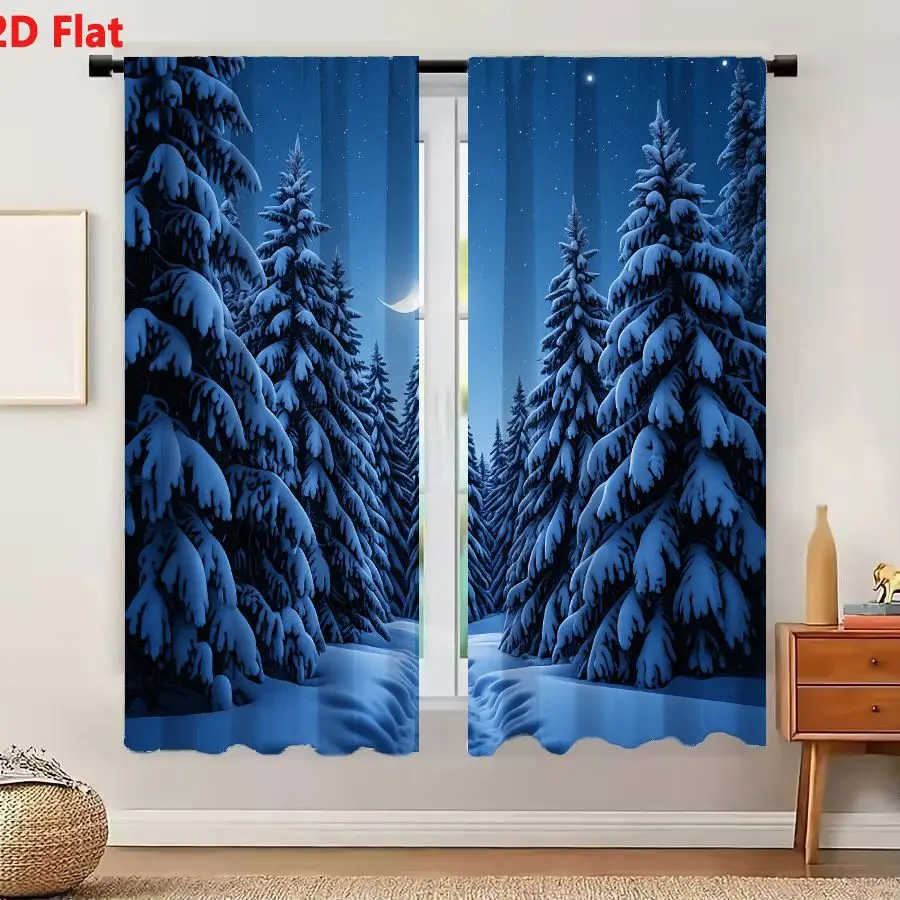 2Pcs Curtains 2D Flat A Serene Winter Night Scene With Snow Covered Forest Path Winding Through Tall Evergreen Trees Under Deep