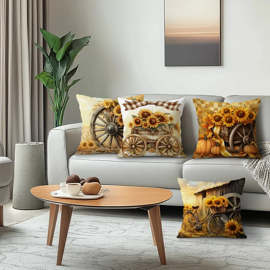 

4 шт., наволочка с односторонним принтом в виде подсолнухов и пшеницы, подходит для гостиной, спальни, украшения автомобиля