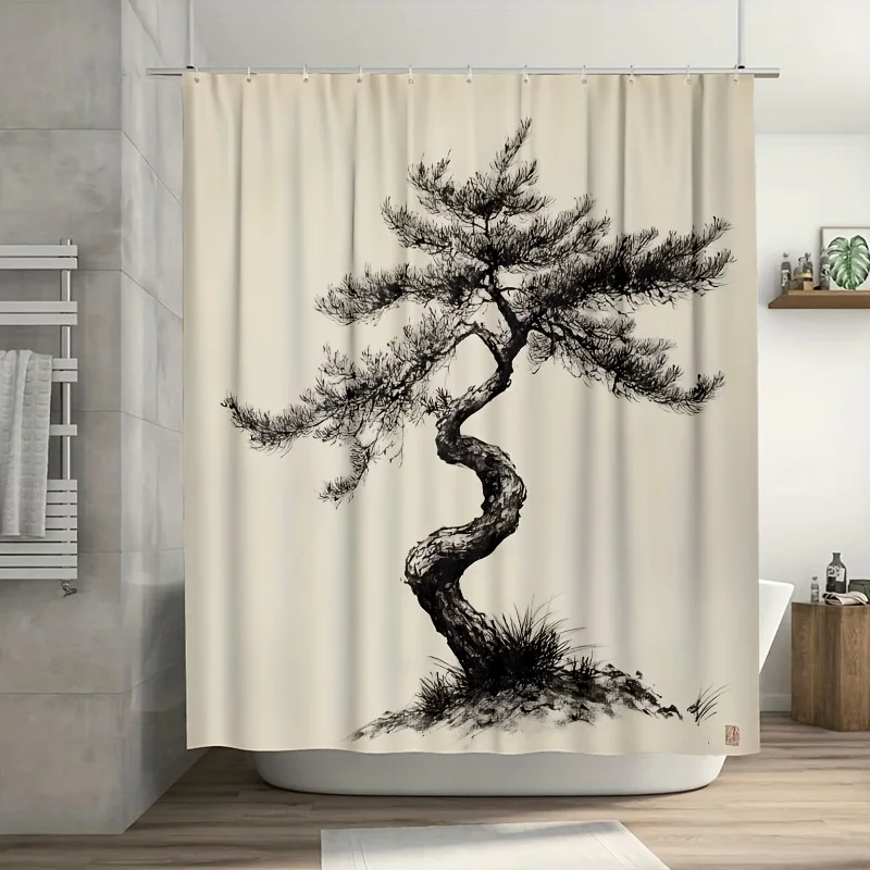 

Занавеска для душа из сосны с тонкими чернилами — качающаяся в бриз, открытое пространство, включает в себя пластиковые крючки, современный декор для ванны