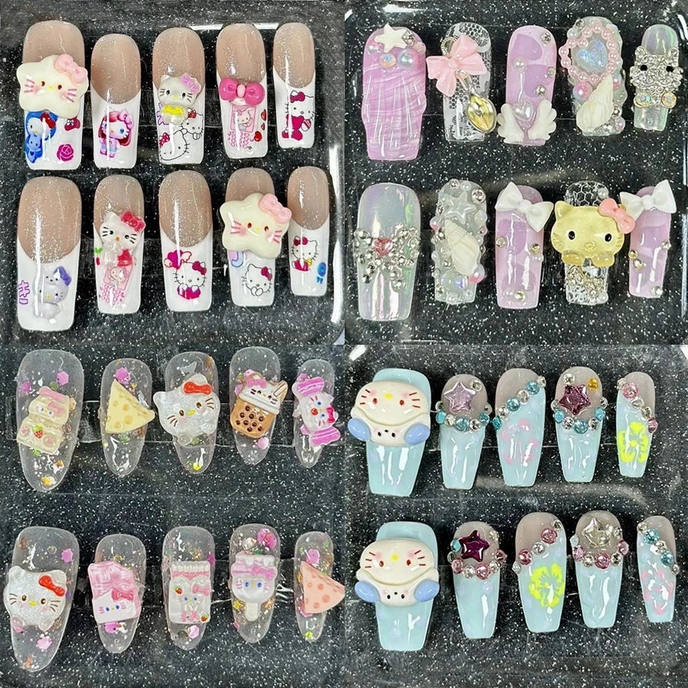 

Cute 2024 Coffee Brown 3D Handmade Nail Art Sanrio Hello Kitty French Long Coffin Shape Star Kitty Full Coverage Removable Nails