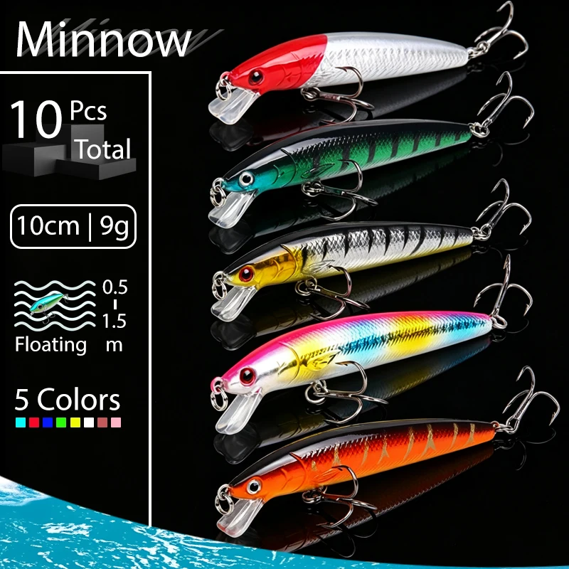 10 Stück Minnow Angelköder Schwimmender Hartköder 10cm 9g Künstlicher Köder mit Geräuschperle Wobbler Crankbait Karpfen Barsch Pesca Angelzubehör