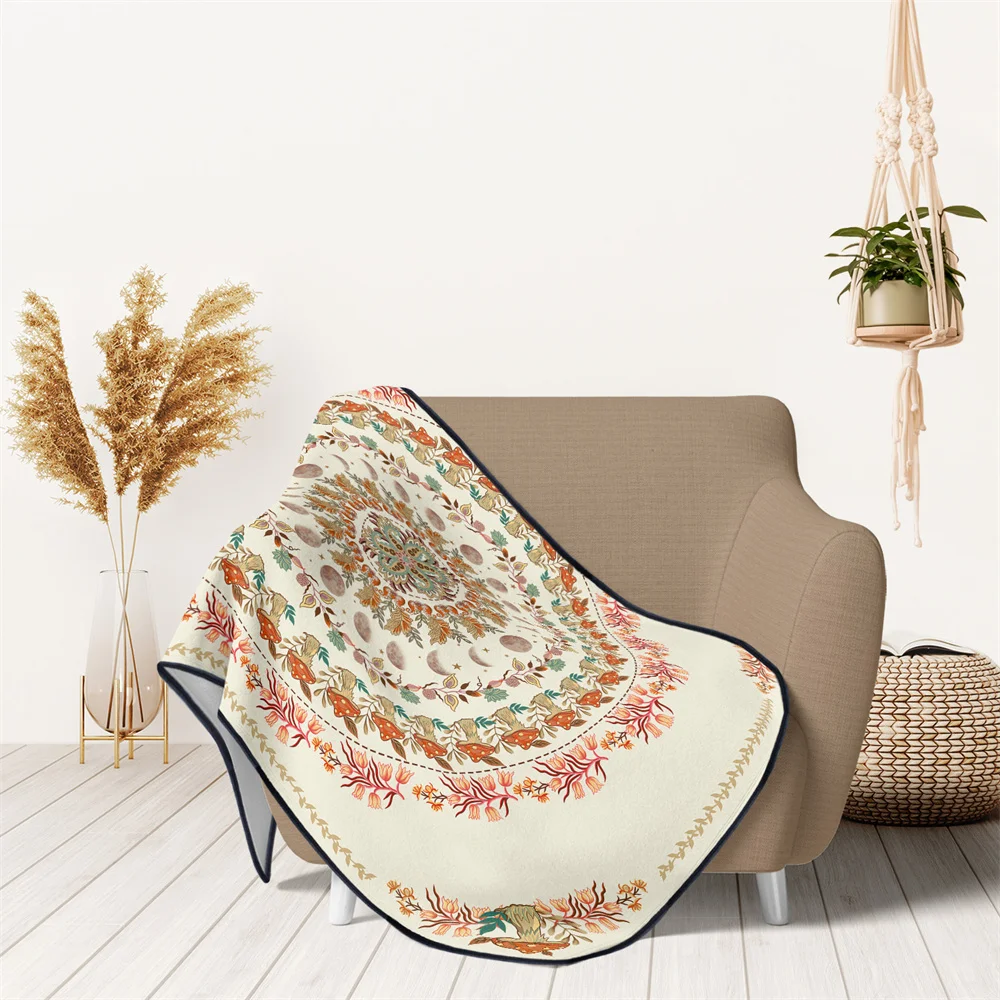 Soft Warm Boho Foral Mushroom Pattern Floding Blanket Flannel Throw Blanket Home Sofa Couch Chair Cover Tapestry Picnic Travel