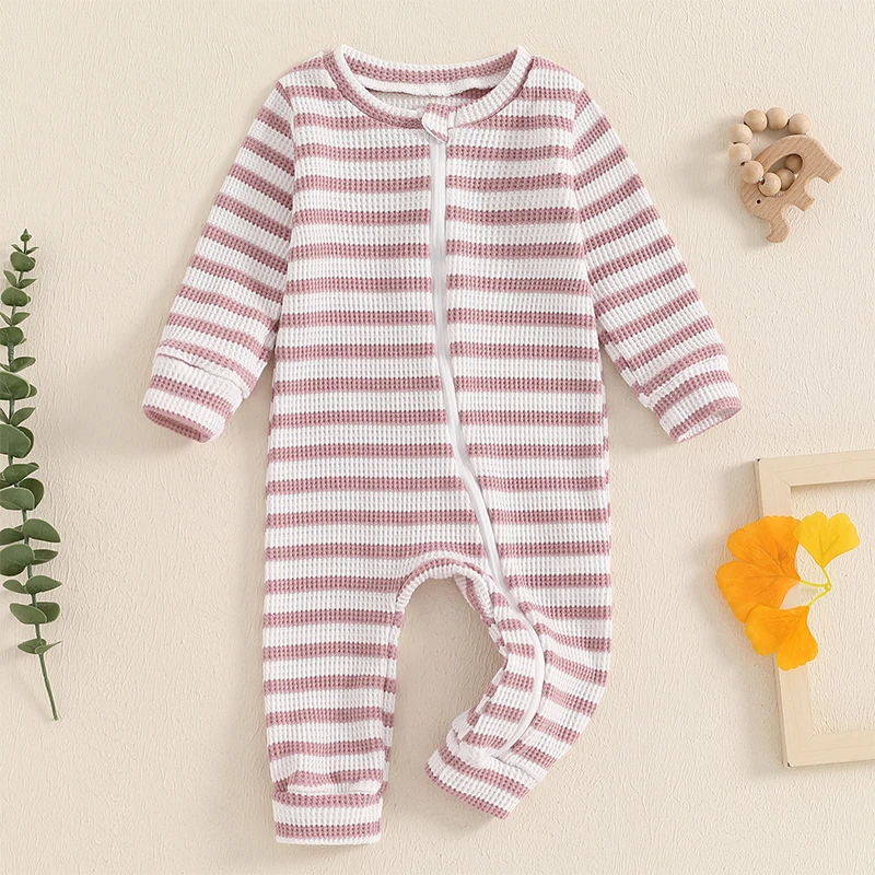 Baby Striped Jumpsuit Long Sleeve Crew Neck Zipper Closure Fall Romper Clothes for Boys Girls