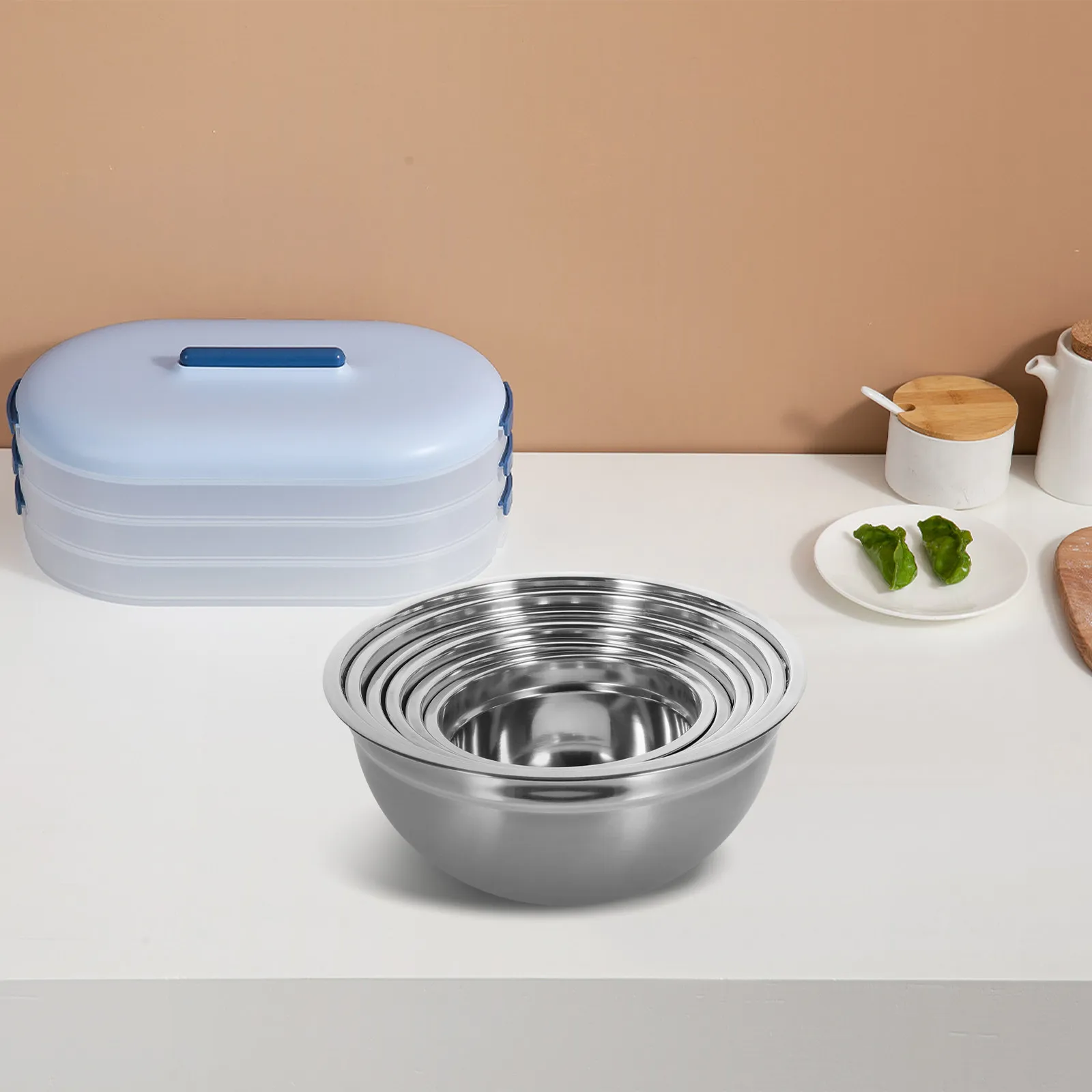 1Set Stackable Nesting Stainless Steel Food Container Set Airtight Lids Mixing Beating Tossing Serving Multifunction Kitchen
