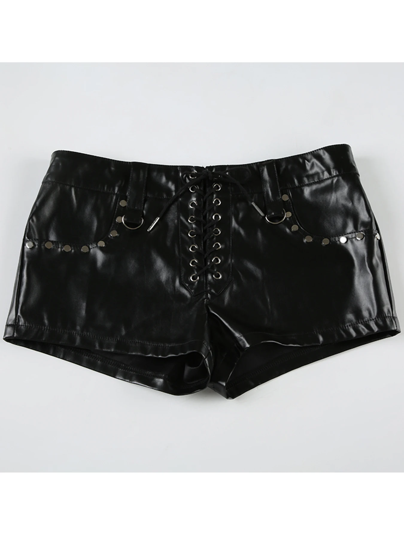 IAMSURE Dark Sexy Solid Pu Leather Shorts Gothic Slim Bandage Low-Waisted Shorts Women 2025 Summer Fashion Streetwear Ladies