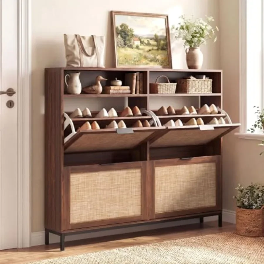 Large Shoe Storage Cabinet with 4 Flip Drawers for entryway, engineered wood, white, space-saving vertical design