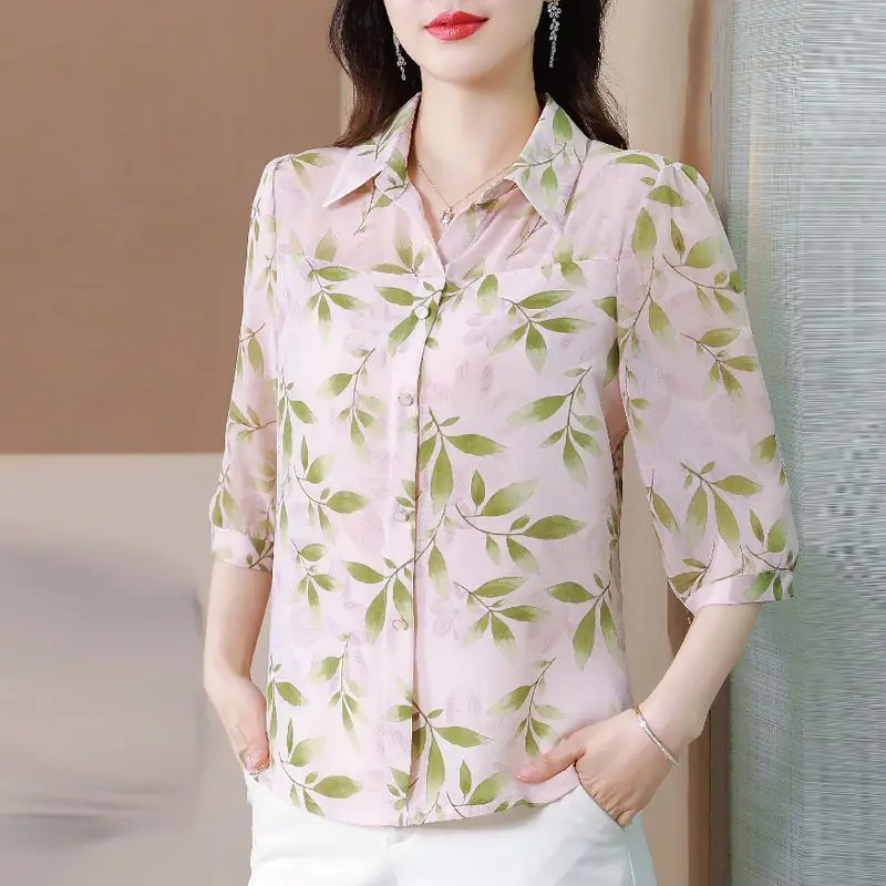 2024 New Summer Office Lady Loose Casual Retro Chinese Style Women's Shirt Button Print Chiffon V Neck 3/4 Sleeve Y2K Chic Tops