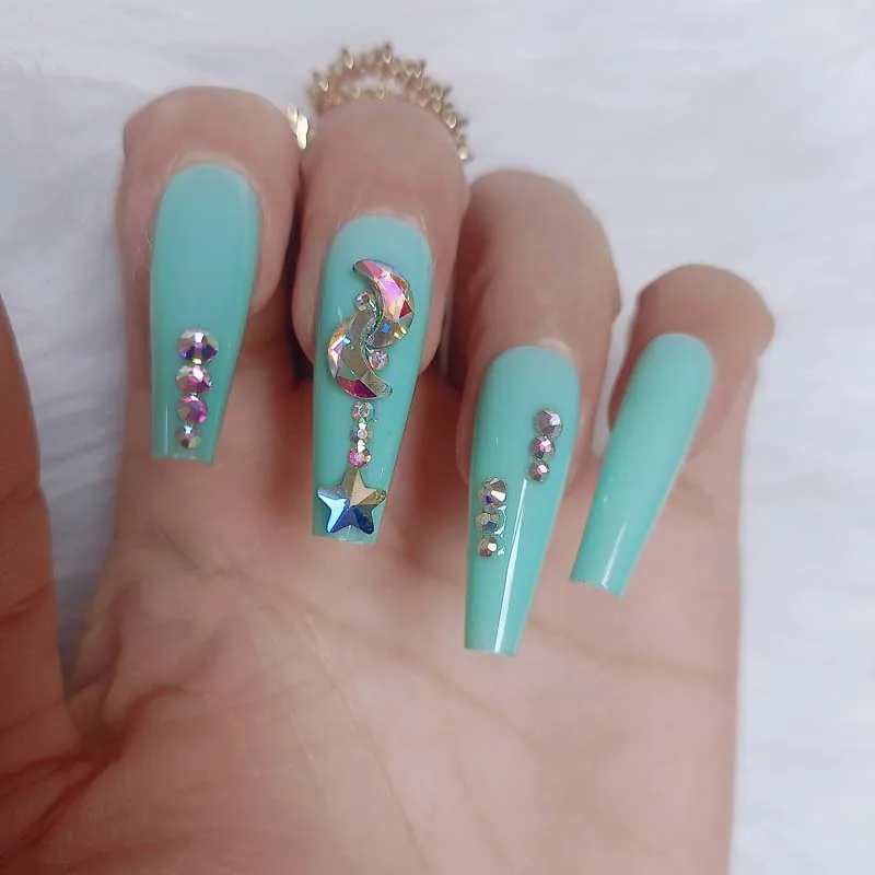 

24pcs Latest Luxury Jewelry Ballet Coffin Fake Nail Crystal Diamond light blue press on nails