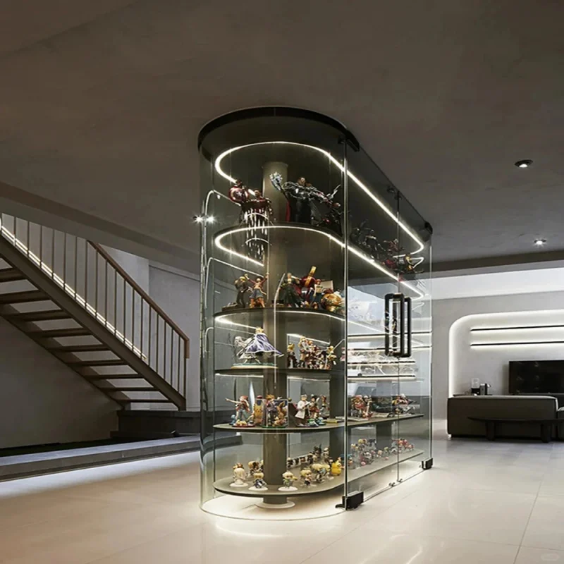 custom.Curved Glass Display Cabinet 360° View of Anime Figures Showcase From All Angles