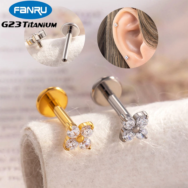 

1PC ASTM F136 G23 Titanium Ear Stud 16G Labret Stud CZ Flower Tragus Cartilage Helix Conch Nose Flat Back Piercing Body Jewelry