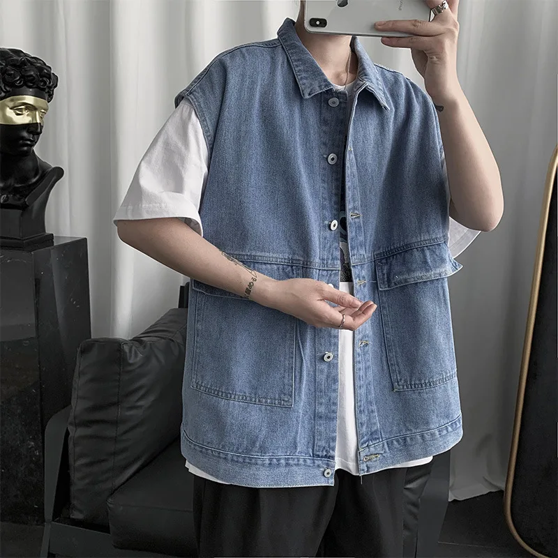 Shoulder Denim Jacket Men's Spring and Autumn Trend Korean Version Loose Fit BF Style Sleeveless Workwear Vest