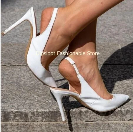 White Patent Leather Pointed Toe Shallow Slingback Pumps Women 8 10 12 CM Stiletto High Heel Elastic Band Party Dress Shoes