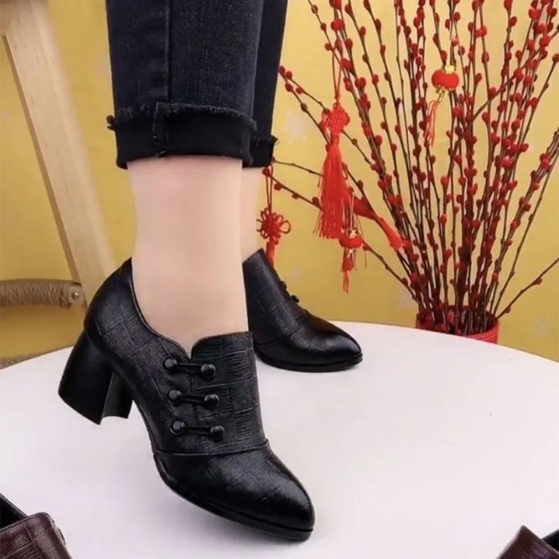 Pointed Toe Women Pumps Designer Retro Chunky Mid Heels Women Shoes 2024 Autumn New Pumps Trend Walking Fashion Shoes for Women