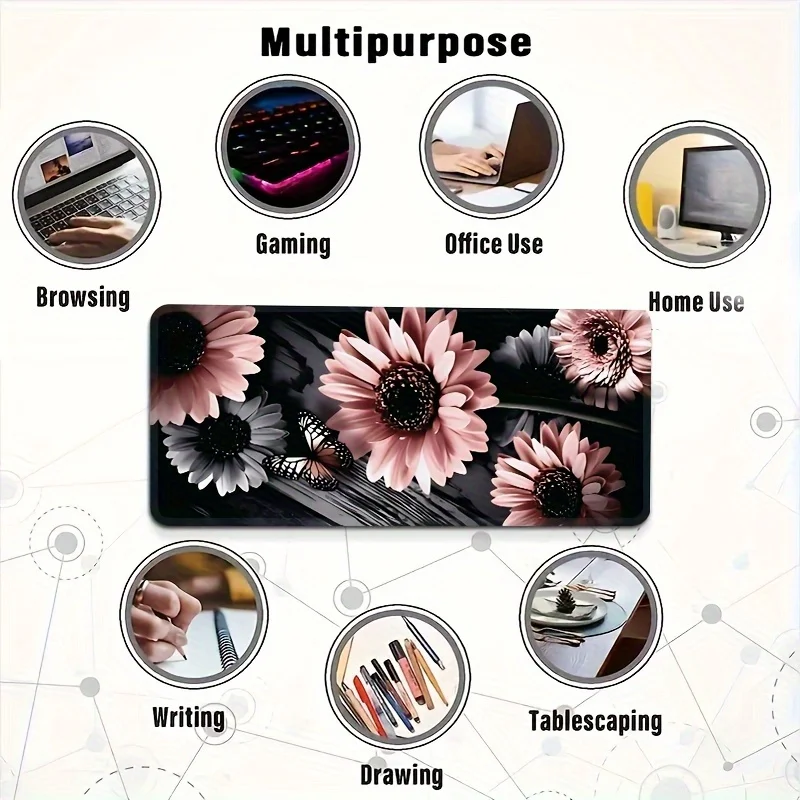 Pink and Gray Sunflower Butterfly Extra Large Mouse Pad Durable Rubber Desk Mat for Office Gaming