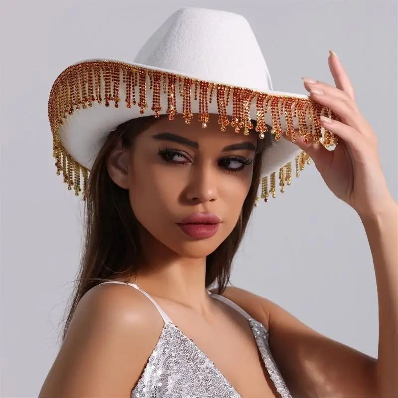 39BD Cowgirl-Hut mit Fransen und Strasssteinen für Damen, Cosplay-Kostüm, Junggesellenabschied, Kopfbedeckung, Hochzeit – Detail 5