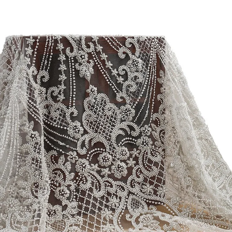 Pearl Sequin Lace  Embroidery Fabric Wedding Dress Stage Wear Pearl Tube Clothes Fabric