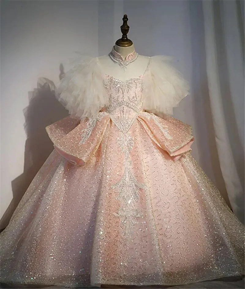 Vestidos de flores rosas para niñas, corsé de boda, espalda de tul brillante, vestido de princesa para niños, primera comunión con tren largo