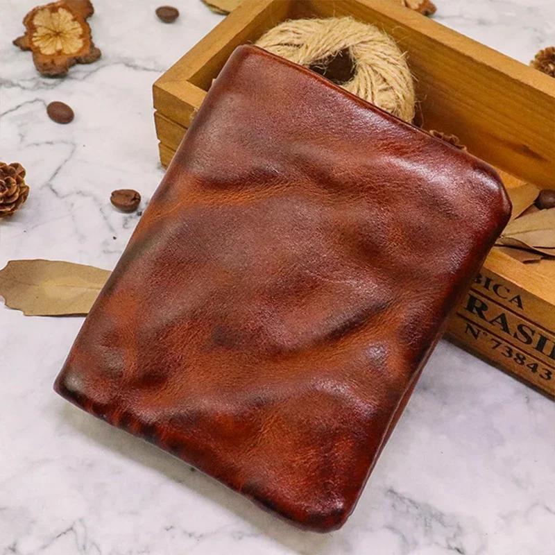 2024 Genuine Leather Wallet for Men Male Vintage Cowhide Short Bifold Men's Purses Card Holder with Zipper Coin Pocket Money Bag