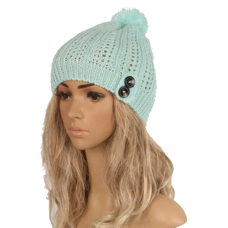 2023 Beanie Hat Women Crochet Knit Cap Ball Winter Skullies Beanies Warm Ball Caps Female Knitted Stylish Button Hats for Ladies