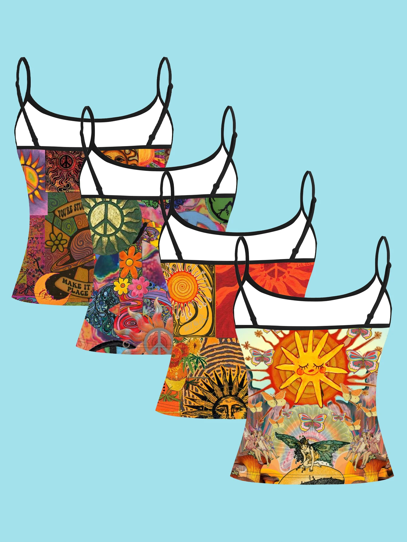 4-Piece Set of Vintage Hippie Peace Symbol Collage Print Camisole for Women, Featuring Sun, Mushroom, Fairy, and Butterfly Art, Slim-Fit Spaghetti Strap Top