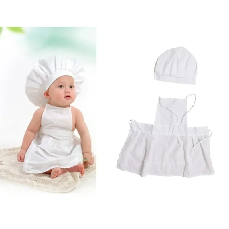 2024 NEW 2 Pcs Cute Baby Chef Apron and Hat Infant Kids White Cook Photos Costume Photography Prop Newborn Hat Apron