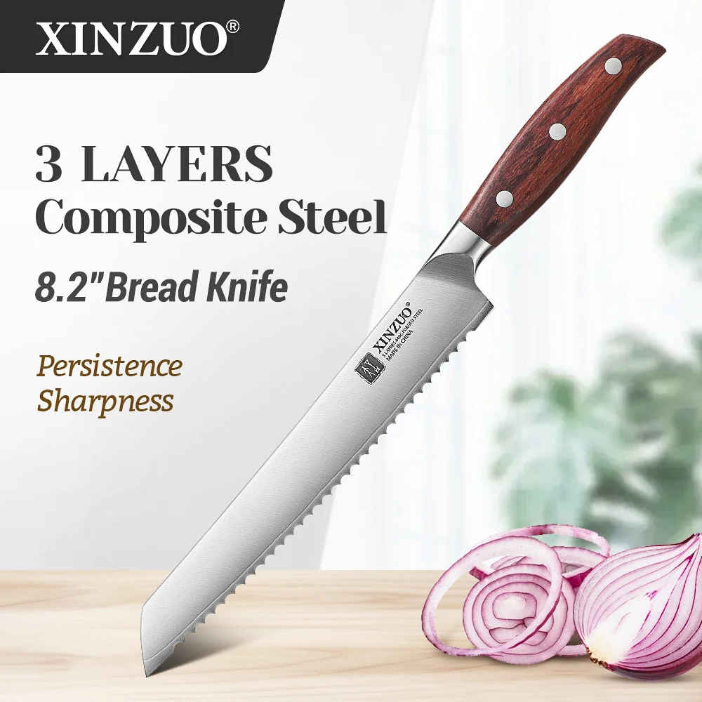 XINZUO 8.2 Inches Bread Knife High Hardness Steel 3 Layers Composite Steel Hardness 58-60HRC Wooden Handle Cut Bread Cake