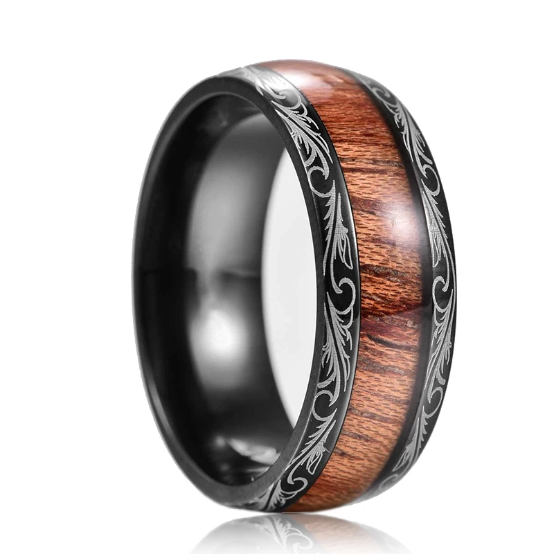 Luxury 8mm Koa Wood Inlay Tungsten Celtic Ring For Men Women Dome Polished Stainless Steel Engagement Ring Men Wedding Jewelry