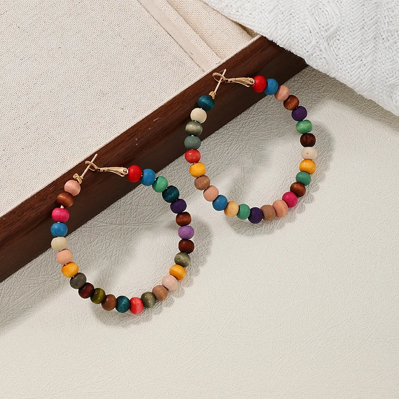 Vintage Exaggerated Circle Earrings For Women Girls Colorful Wooden Bead Holiday Fashion Jewelry Ear Accessories AE140