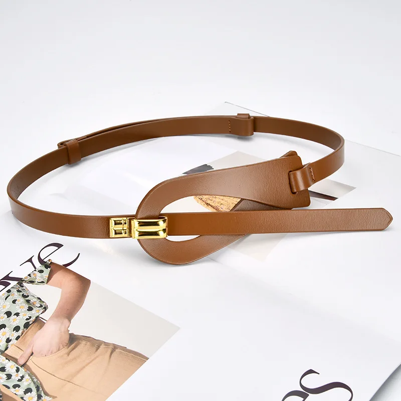 Two layer cowhide belt for women with no holes, adjustable outer decoration, real belt, versatile dress