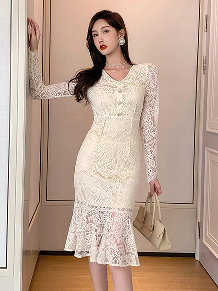 Spring Sweet Elegant Dresses for Women 2023 Sheer Lace Embroidery Flowers Long Sleeve Slim Mermaid Midi Robe Lady Party Vestidos