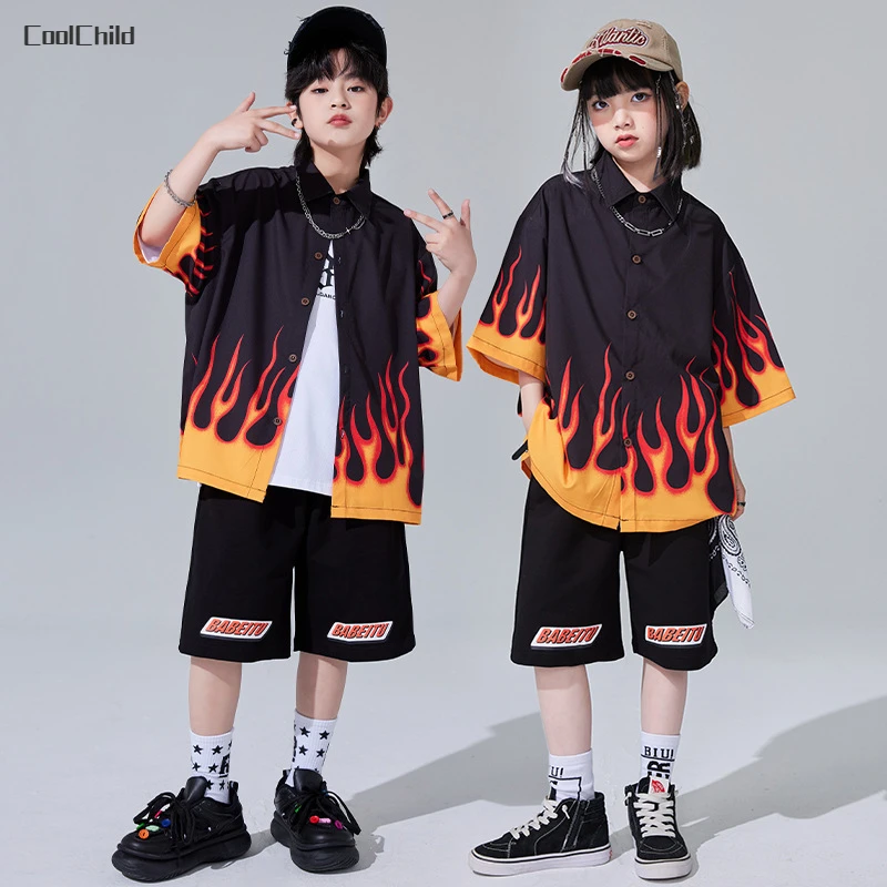 Boys Hip Hop Short Sleeved Flame Shirt Street Dance Cargo Shorts Girls Fire Blouse Children Summer Streetwear Kids Clothes Sets