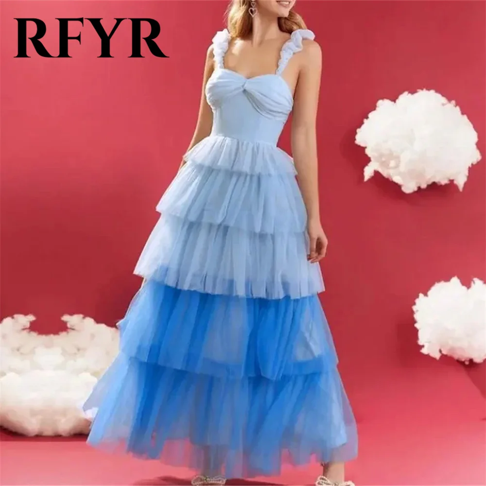 

RFYR Blue Exquisite Tiered A-line Evening Dress Spaghetti Strap Pleat Sweetheart Prom Dress Morden Vestidos De Fiesta Customized