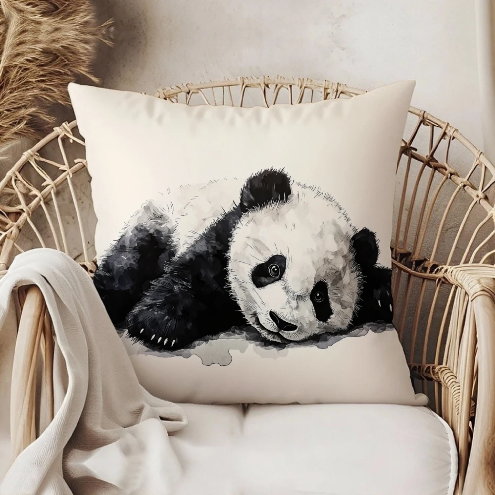 Square Throw Pillow Case Cream White Cute Sleeping Panda Watercolor Art Print For Living Room Sofa Bedroom Home Decor Cushion Co