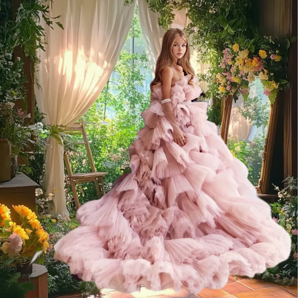 

Customized Pink Flower Girl Dress For Wedding Applique Tulle Puffy Floor Length Layered Kids Birthday Party First Communion Gown