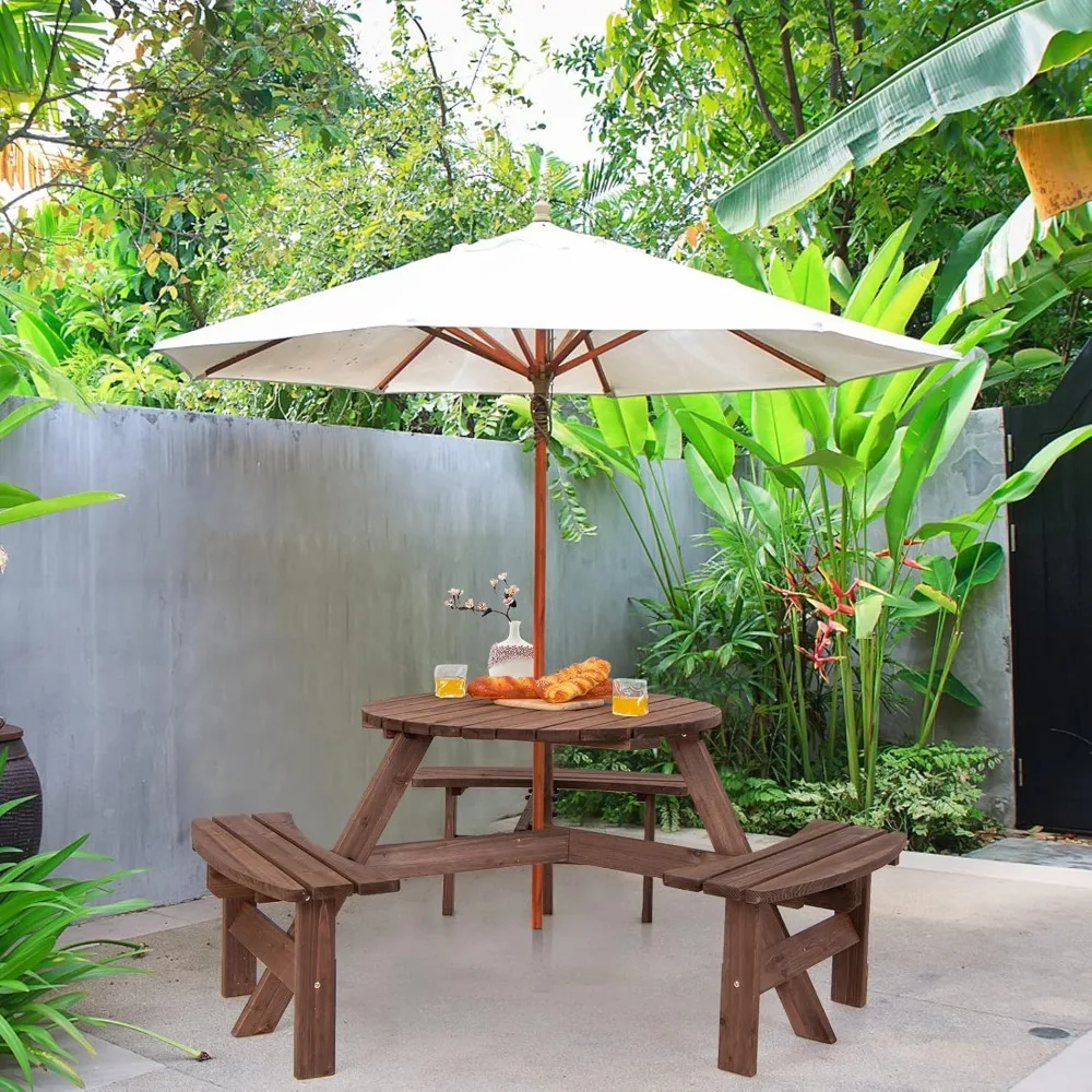 

Wood Picnic Table, Outdoor Round Picnic Table with 3 Built-in Benches, Umbrella Hole, Outside Table and Bench