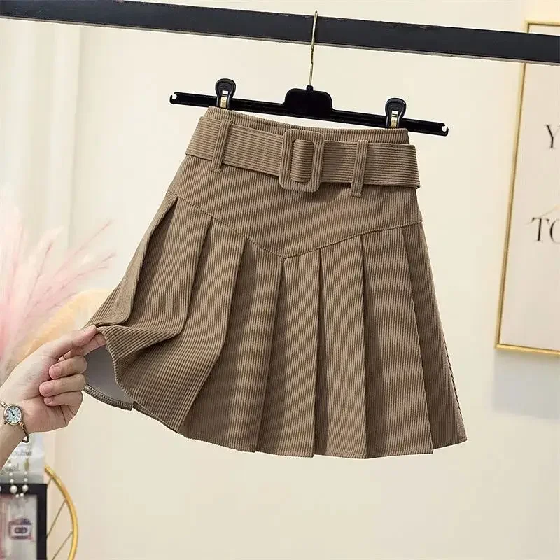 Vintage Corduroy Pleated Skirt Women Korean Style Cute Brown High Waist A-line Mini Skirts Autumn Winter Sexy Short Skirts