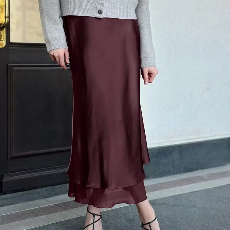 

Satin Patchwork Me Skirt f-length Net Gown Double-layered Wrap-around Long Skirt A-line High-waist Loose-fit Summer 2025