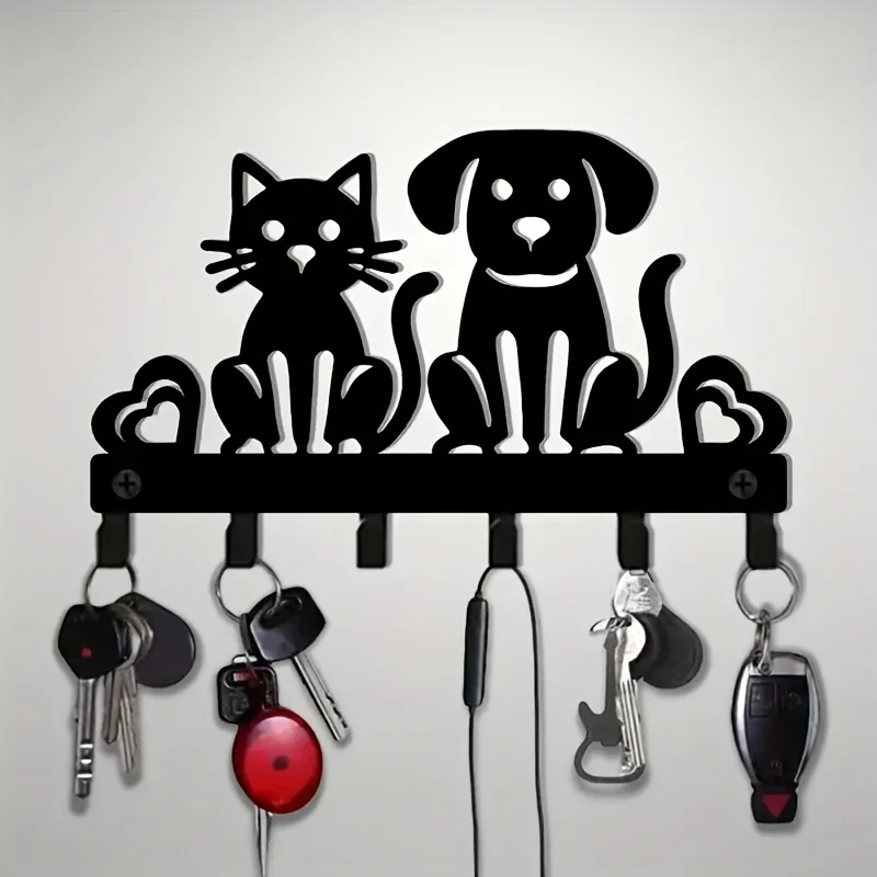 2D  Mini Key Hook Wall Rack with a Cat And Dog Theme - a Decorative Metal Hook Suitable for Hanging Hats, Keys, And Small Items