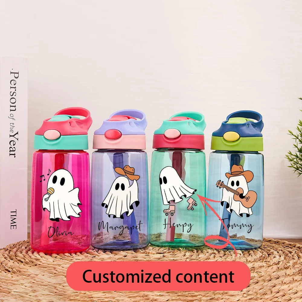 PersonalizedKids Water Bottle, Custom Name Flip Top Straw Cup, Cute Ghost Portable Drinking Bottle For Boys Girls Halloween Gift