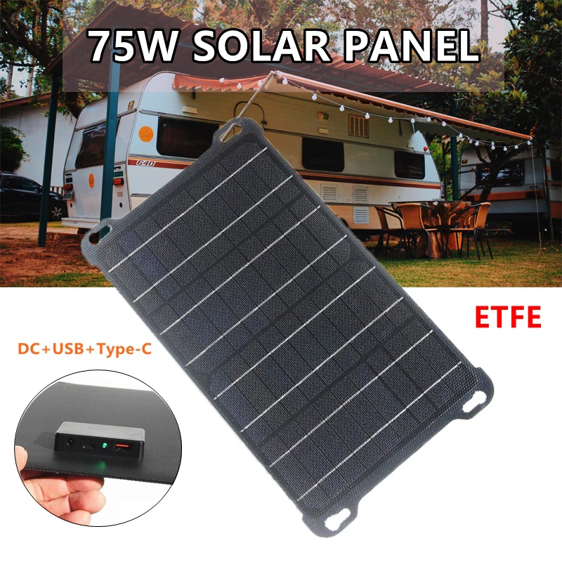 ETFE 75W Solar Panel 5V/18V USB TypeC Waterproof Solar Charger Portable Solar Cells Mobile Power Bank for Outdoor Camping Hiking