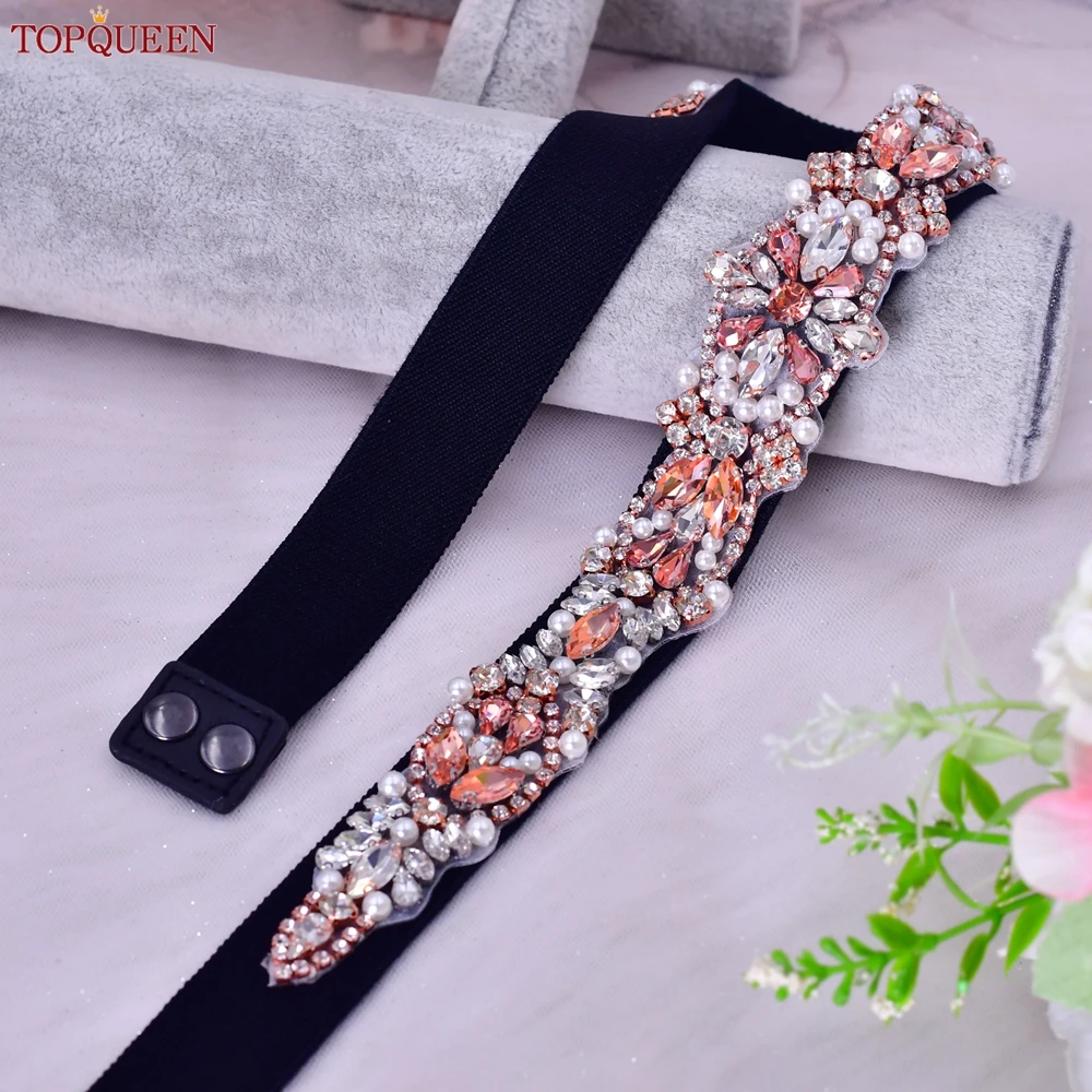 TOPQUEEN S442-B Fashion Dress Elastic Belt Women Rhinestone Pearl Rose Gold Luxury Party Sash Overcoat Western-style Accessories